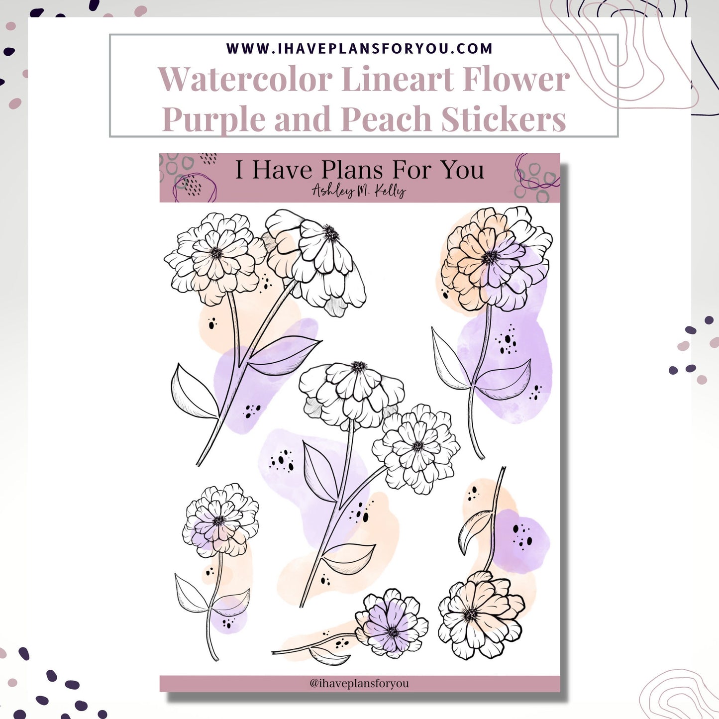 Watercolor Lineart Flower Stickers with Abstract Dots Deco Planner Stickers Scrapbooking Stickers Bujo Stickers Floral Sticker Art