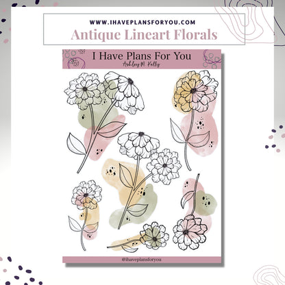 Watercolor Lineart Flower Stickers with Abstract Dots Deco Planner Stickers Scrapbooking Stickers Bujo Stickers Floral Sticker Art