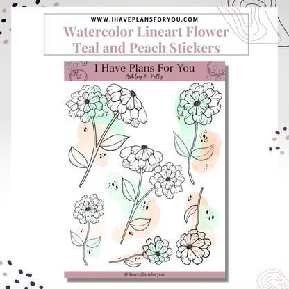 Watercolor Lineart Flower Stickers with Abstract Dots Deco Planner Stickers Scrapbooking Stickers Bujo Stickers Floral Sticker Art