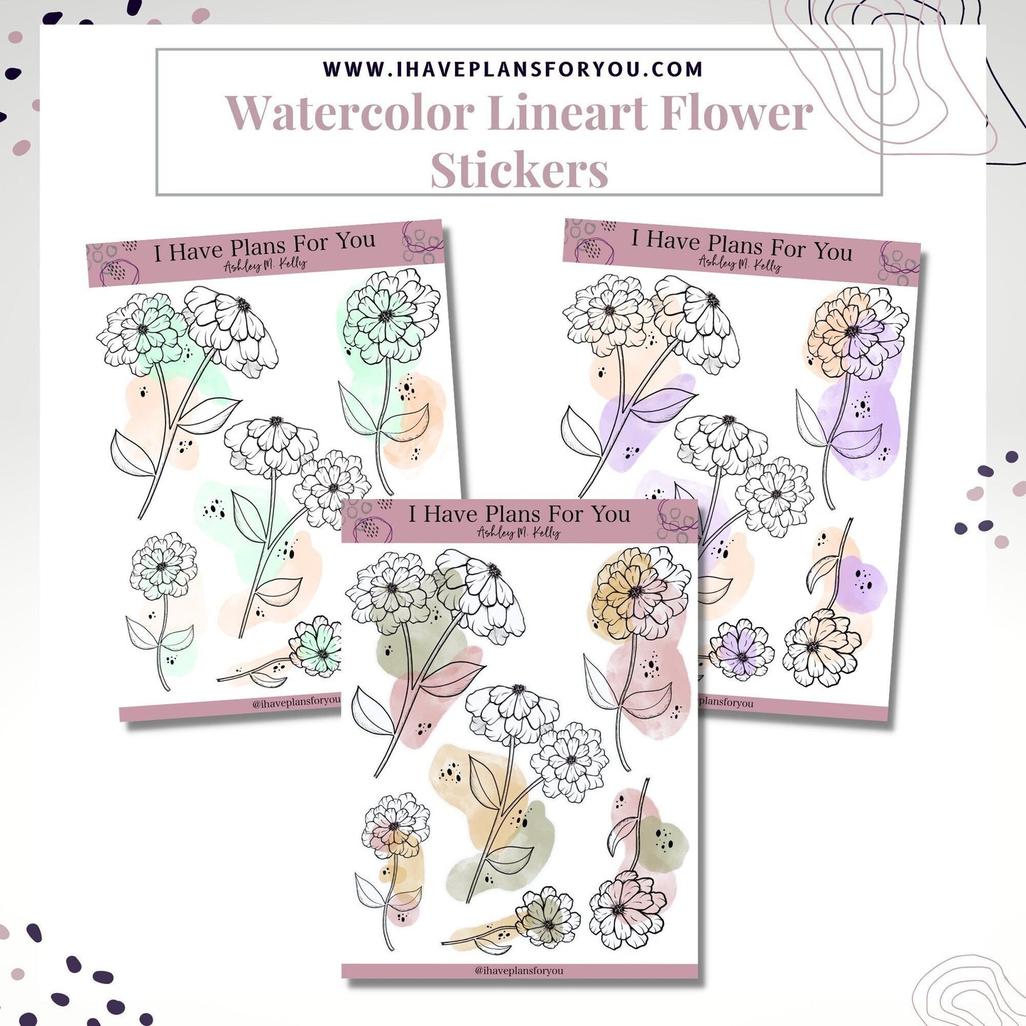 Watercolor Lineart Flower Stickers with Abstract Dots Deco Planner Stickers Scrapbooking Stickers Bujo Stickers Floral Sticker Art
